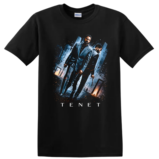 Vintage Cult Movie Tenet T Shirt on a Black T Shirt