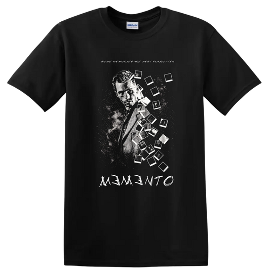 Vintage Cult Movie Memento T Shirt on a Black T Shirt