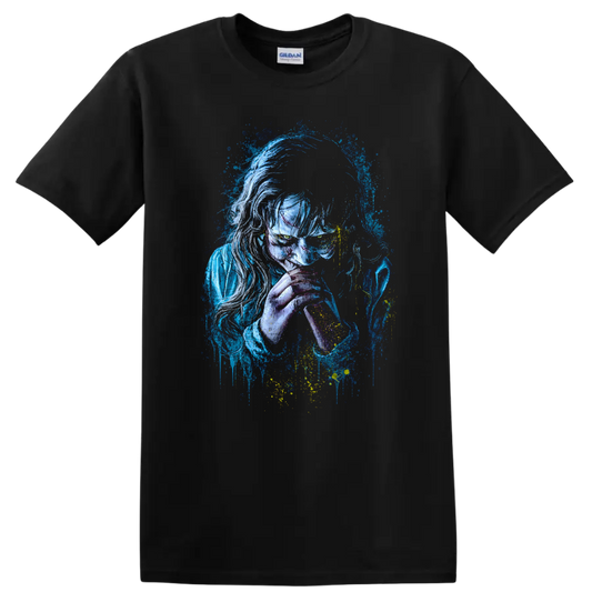 The Exorcist Vintage Cult Movie T Shirt on a Black T Shirt