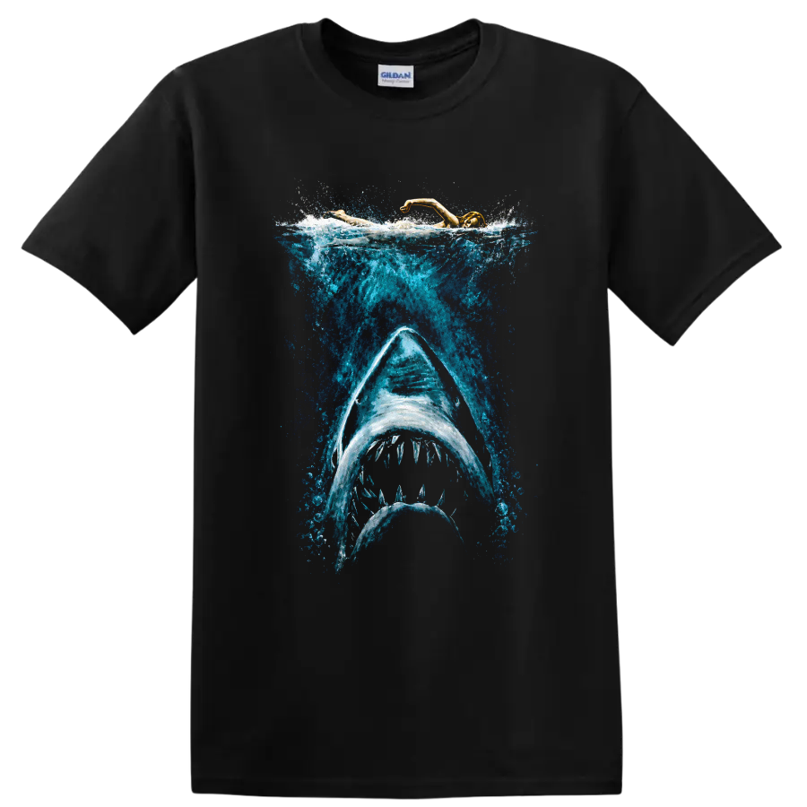 Shark Attack Graphic T Shirt Swim Enthusiast Ocean Lover Tee - Black