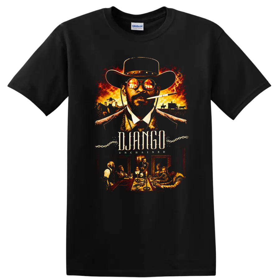 Django Unchained Vintage Movie Character Portrait T Shirt on a Black T Shirt