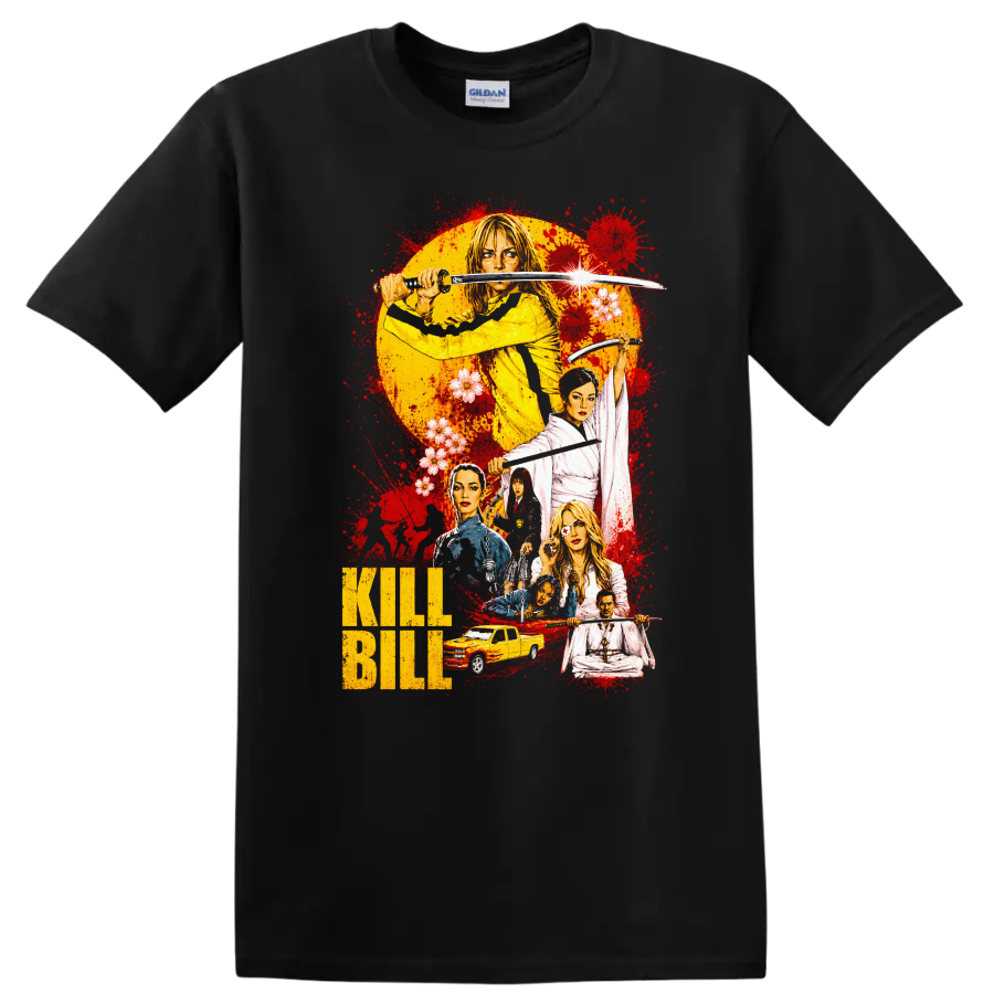 Kill Bill Vintage Cult Movie Character Portrait Style T Shirt on a Black T Shirt