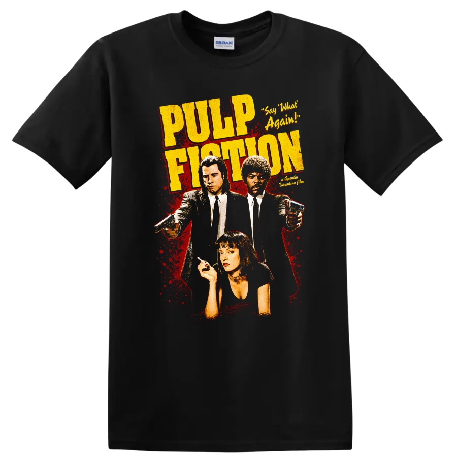 Pulp Fiction Vintage Movie Character Portrait T Shirt on a Black T Shirt