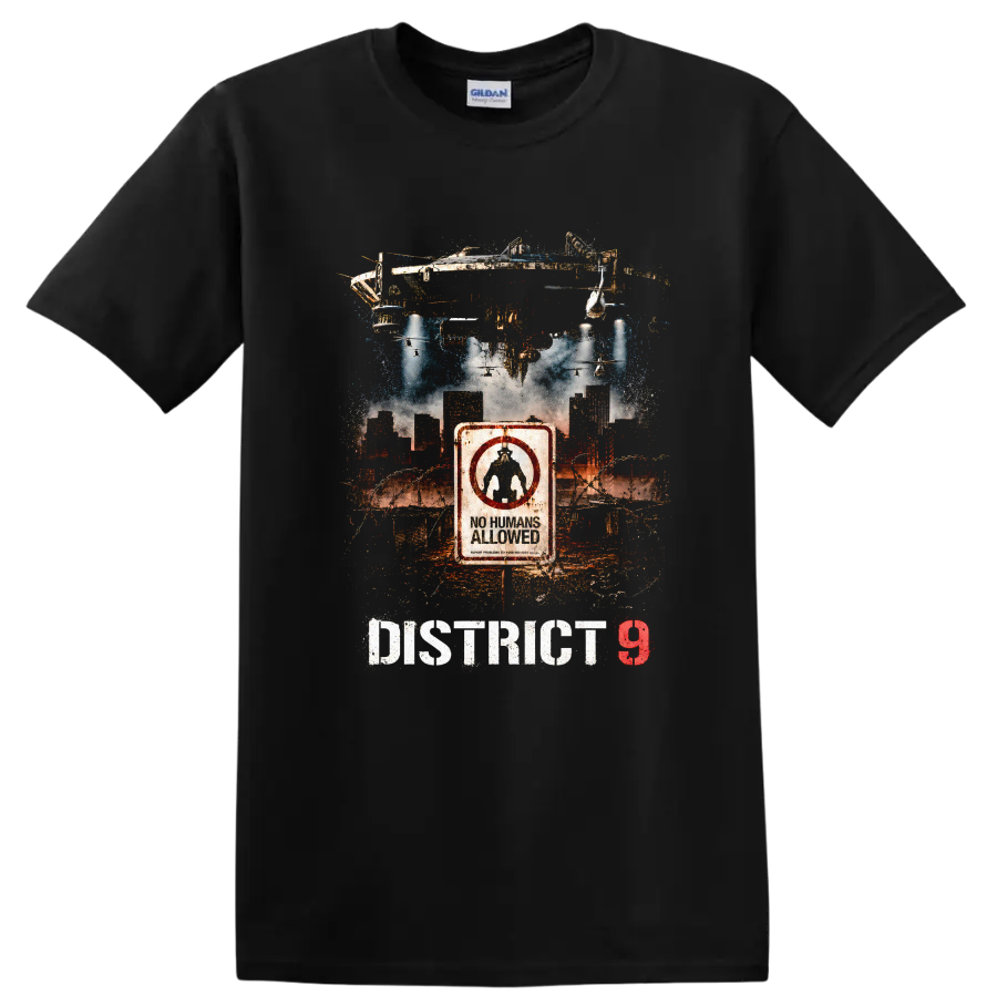 District 9 Vintage Cult Movie T Shirt on a Black T Shirt