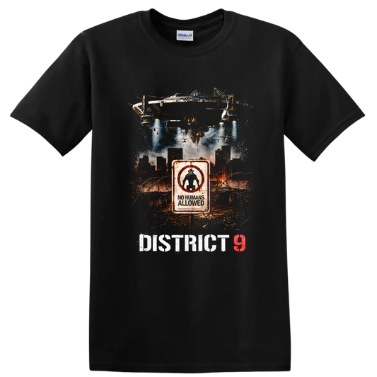 District 9 Vintage Cult Movie T Shirt on a Black T Shirt