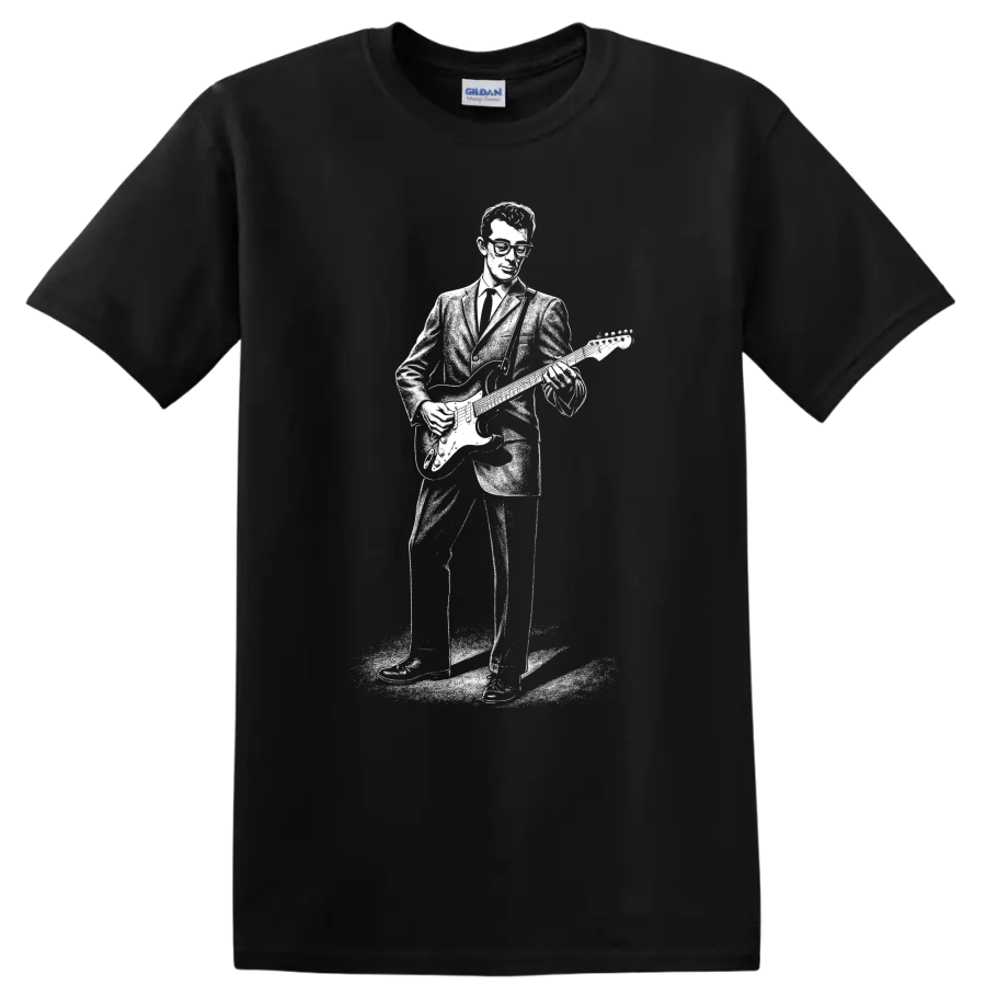 Buddy Holly T Shirt Rock Legend Guitar Player Silhouette Music Fan Tee Gift Cool - Black