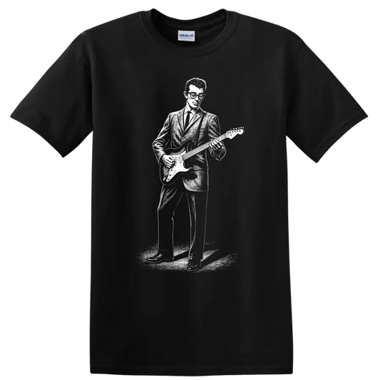 Buddy Holly T Shirt Rock Legend Guitar Player Silhouette Music Fan Tee Gift Cool - Black
