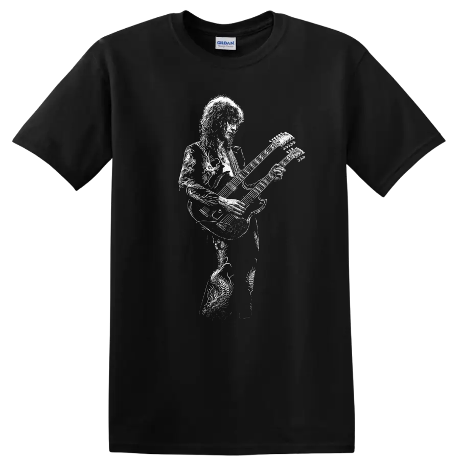 Jimmy Page Led Zeppelin Rock Legends Silhouette Guitar T Shirt - Black