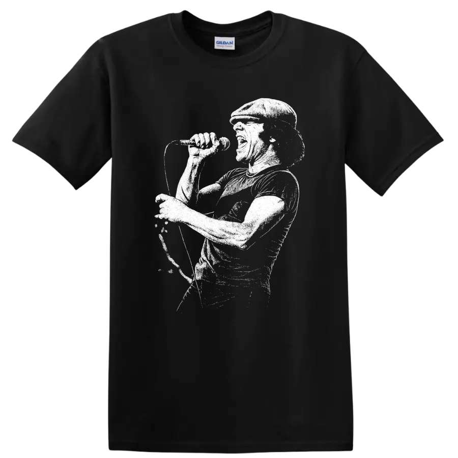 Brian Johnson AC DC Rock Legends Portrait T Shirt for Classic Rock Fans - Black