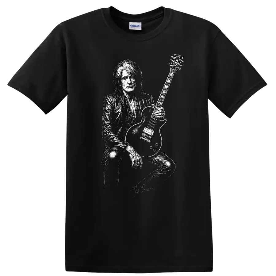 Joe Perry Aerosmith Rock Legends Silhouette Guitarist T Shirt - Black