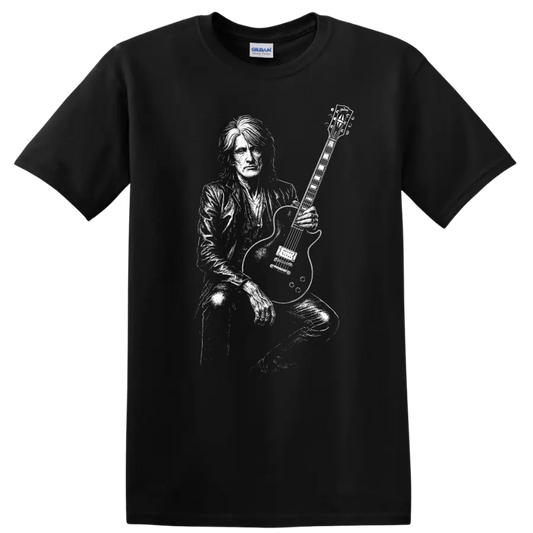 Joe Perry Aerosmith Rock Legends Silhouette Guitarist T Shirt - Black