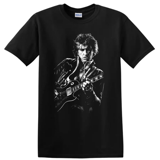 Black-and-white graphic portrait of Joe Perry on a T shirt on a Black T Shirt