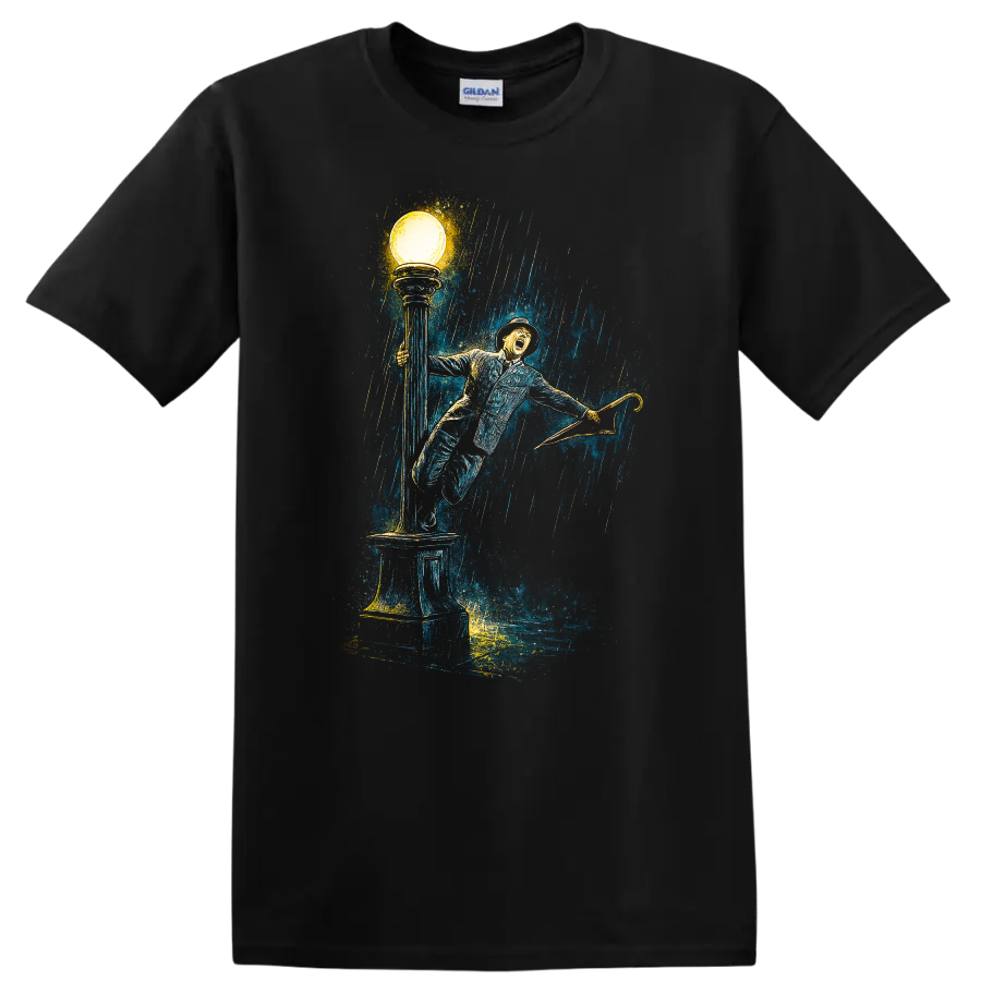 Vintage Singing in the Rain inspired artwork with umbrella, streetlamp, and rain, T-shirt - Black