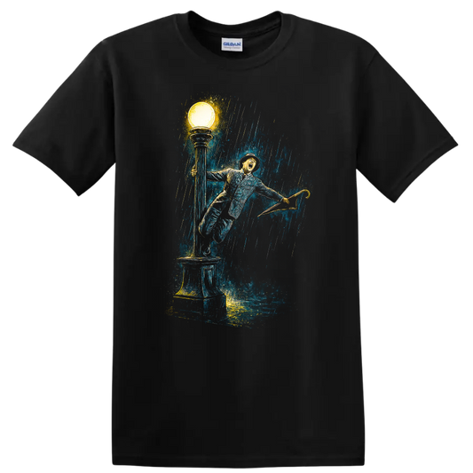 Vintage Singing in the Rain inspired artwork with umbrella, streetlamp, and rain, T-shirt graphic on a Black T Shirt