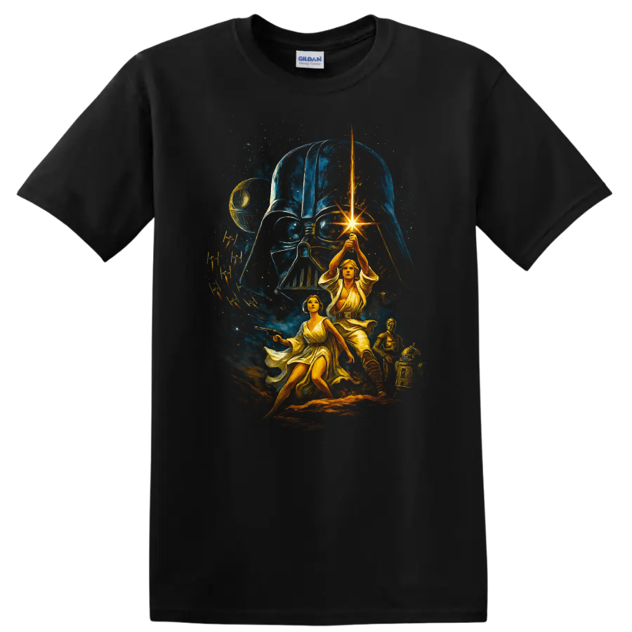Star Wars Darth Vader and Luke Skywalker lightsaber battle artwork T Shirt on a Black T Shirt