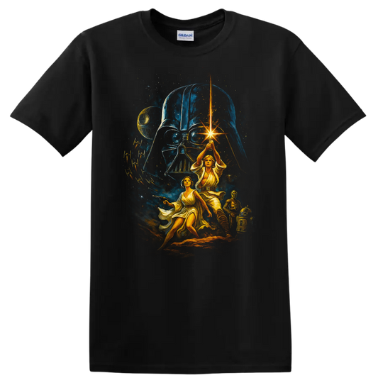Star Wars Darth Vader and Luke Skywalker lightsaber battle artwork T Shirt on a Black T Shirt
