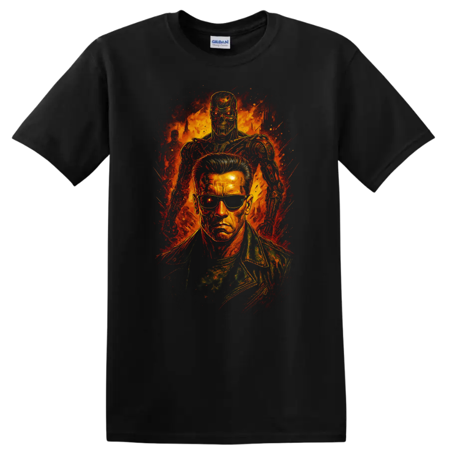 The Terminator cyborg and Arnold-style action portrait graphic T Shirt on a Black T Shirt
