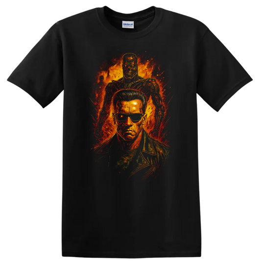 The Terminator cyborg and Arnold-style action portrait graphic T Shirt on a Black T Shirt