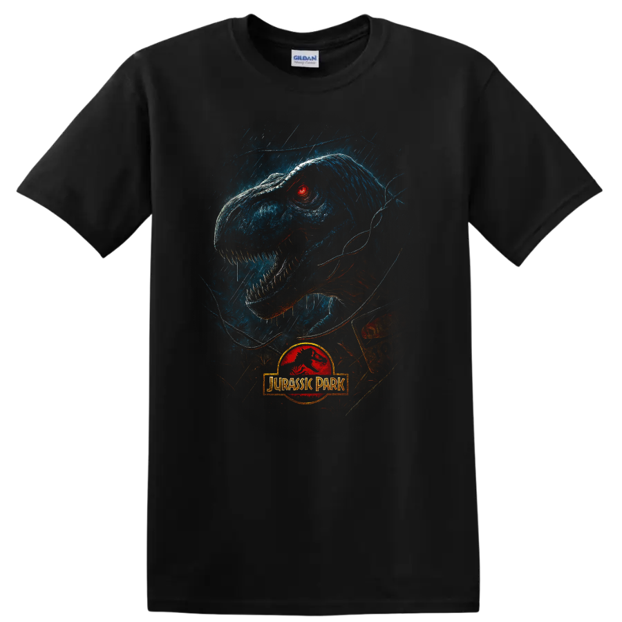 Jurassic Park T rex in rain with glowing red eye and logo T shirt on a Black T Shirt