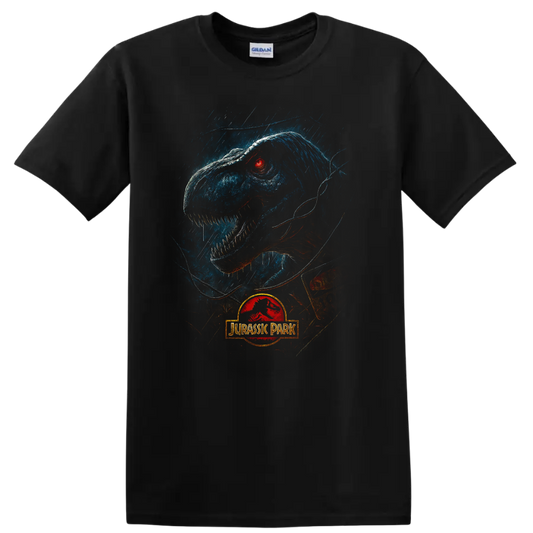 Jurassic Park T rex in rain with glowing red eye and logo T shirt on a Black T Shirt