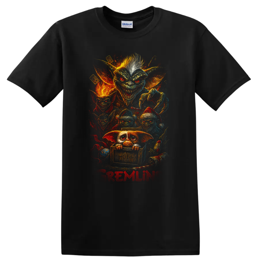 Gremlins horror movie creature collage with fiery retro art and bold red text on a T - Black