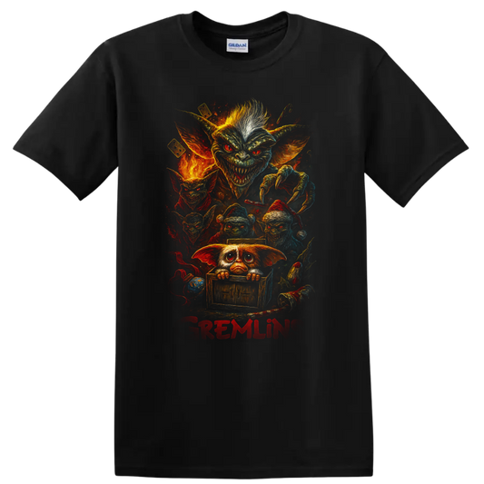 Gremlins horror movie creature collage with fiery retro art and bold red text on a T shirt on a Black T Shirt
