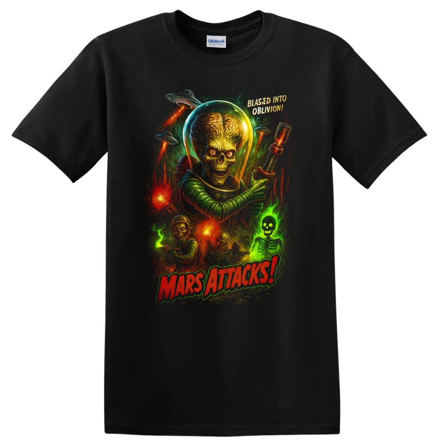 Mars Attacks alien invasion retro movie poster art with alien leader, saucers, and bold title T-shirt on a Black T Shirt