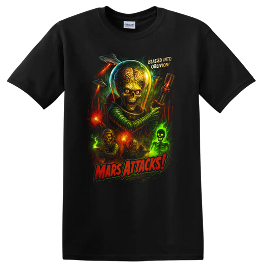 Mars Attacks alien invasion retro movie poster art with alien leader, saucers, and bold title T-shirt on a Black T Shirt