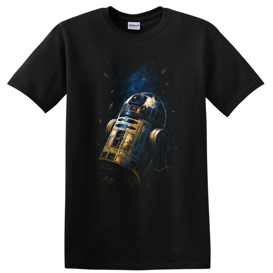 R2-D2 painted galaxy art T-shirt on a Black T Shirt