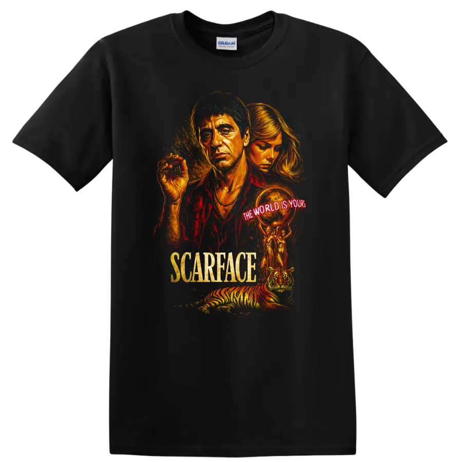 Scarface inspired movie poster art with neon The World Is Yours text and tiger on T shirt on a Black T Shirt
