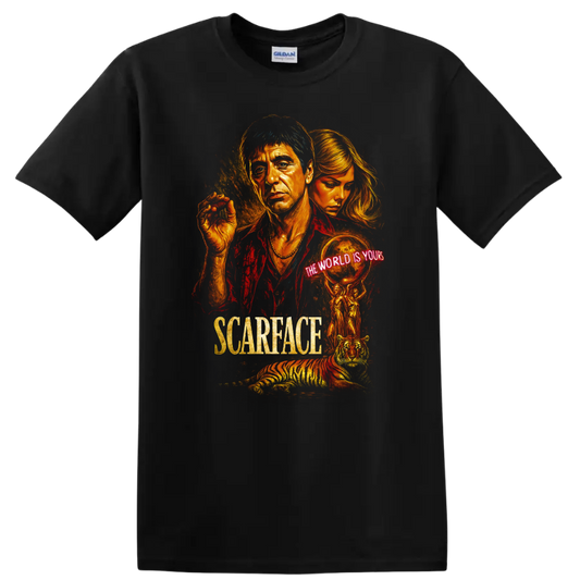 Scarface inspired movie poster art with neon The World Is Yours text and tiger on T shirt on a Black T Shirt