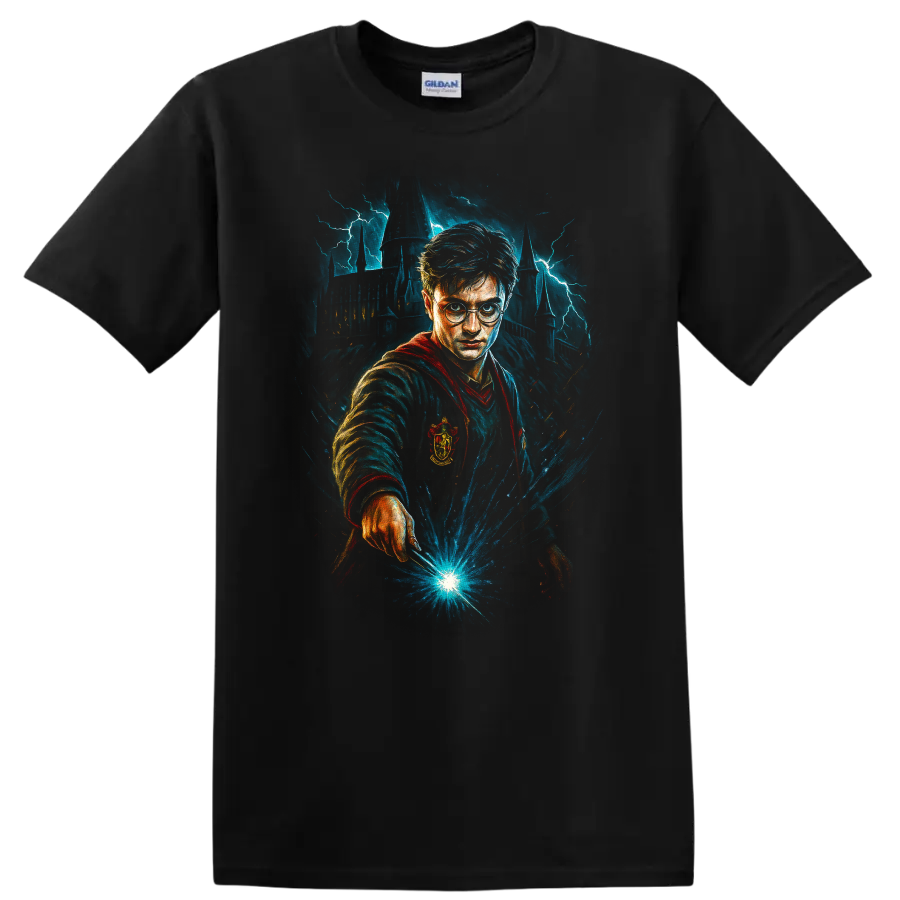Wizard with glasses casting blue magic in front of a lightning-struck castle T Shirt on a Black T Shirt