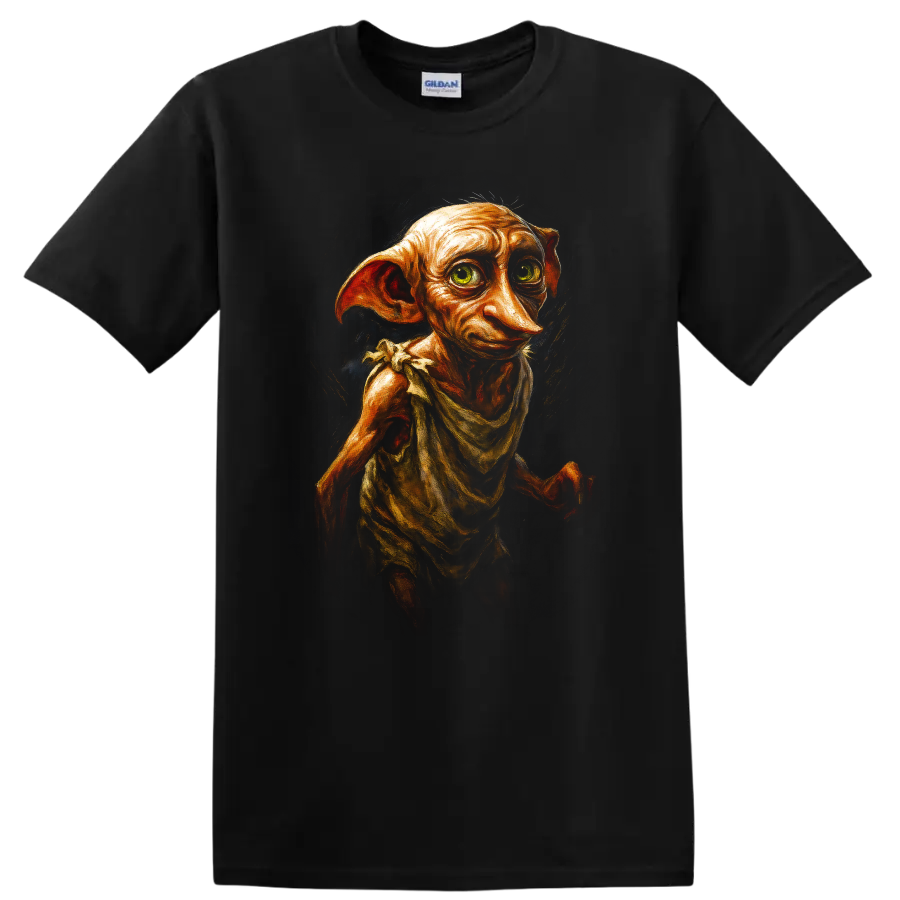 Painterly Dobby fantasy portrait with large ears and expressive eyes on a Black T Shirt