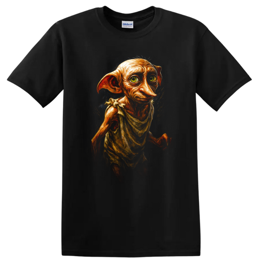 Painterly Dobby fantasy portrait with large ears and expressive eyes on a Black T Shirt