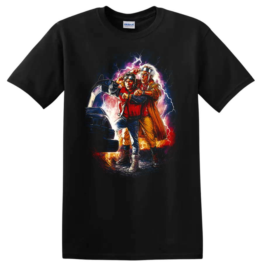 Back to the Future Part II lightning time travel movie artwork T shirt on a Black T Shirt