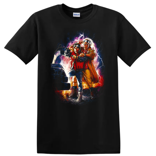 Back to the Future Part II lightning time travel movie artwork T shirt on a Black T Shirt