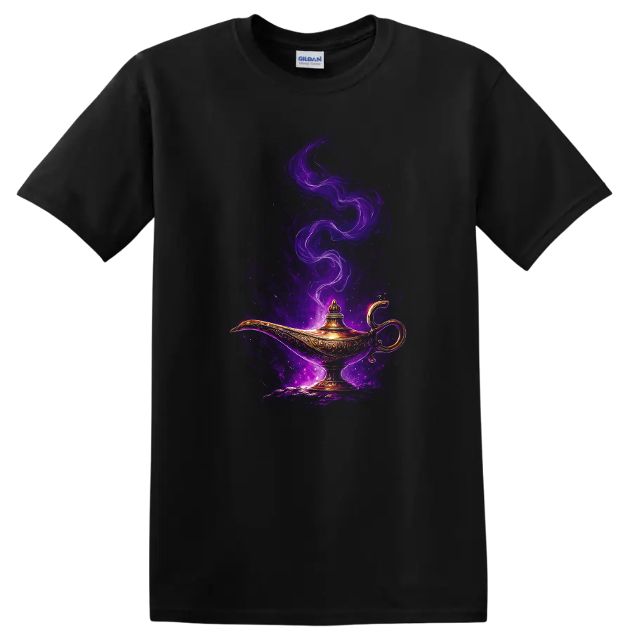 Ornate magic lamp with glowing purple smoke fantasy art T Shirt on a Black T Shirt