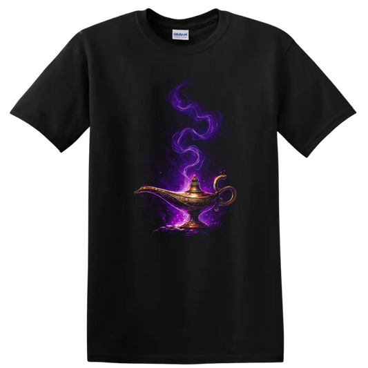 Ornate magic lamp with glowing purple smoke fantasy art T Shirt on a Black T Shirt