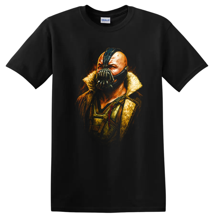 Bane portrait artwork from The Dark Knight Rises graphic T shirt on a Black T Shirt