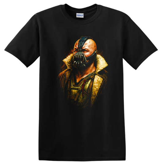 Bane portrait artwork from The Dark Knight Rises graphic T shirt on a Black T Shirt