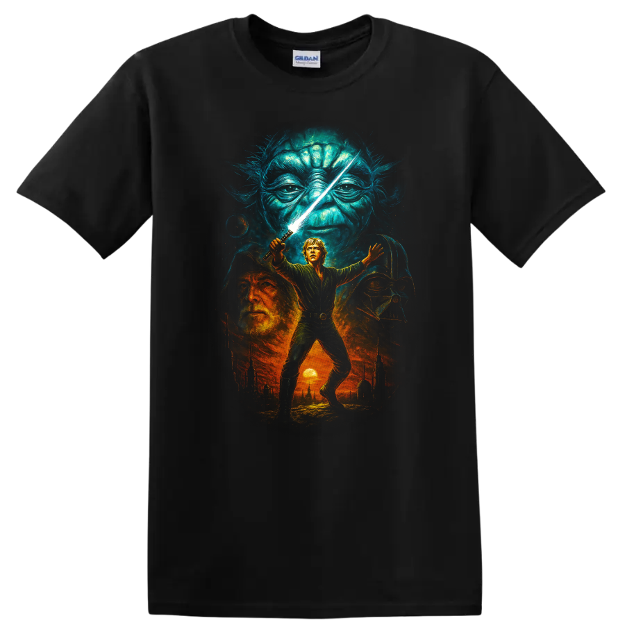 Star Wars inspired Jedi battle scene with Luke, Yoda, and Darth Vader artwork on a T shirt on a Black T Shirt