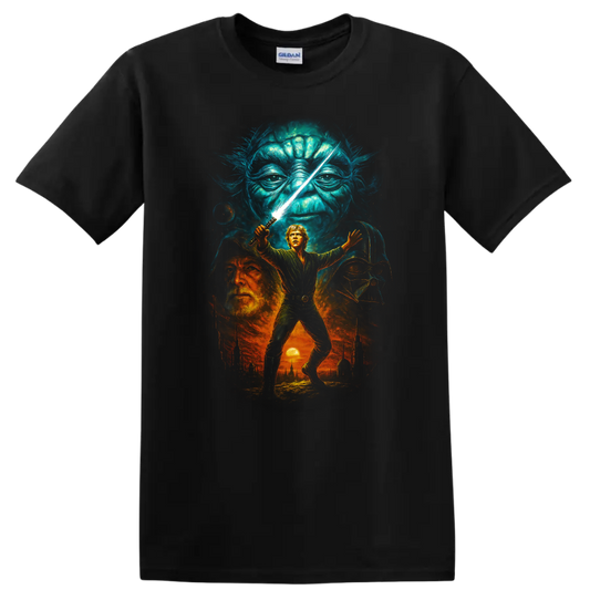 Star Wars inspired Jedi battle scene with Luke, Yoda, and Darth Vader artwork on a T shirt on a Black T Shirt