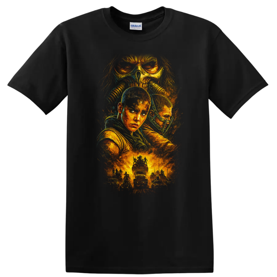 Mad Max Fury Road inspired post-apocalyptic movie art T-shirt graphic with fiery desert action and on a Black T Shirt