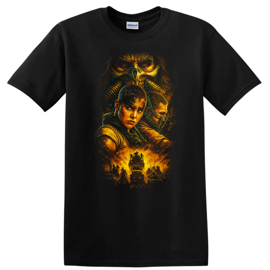 Mad Max Fury Road inspired post-apocalyptic movie art T-shirt graphic with fiery desert action and on a Black T Shirt