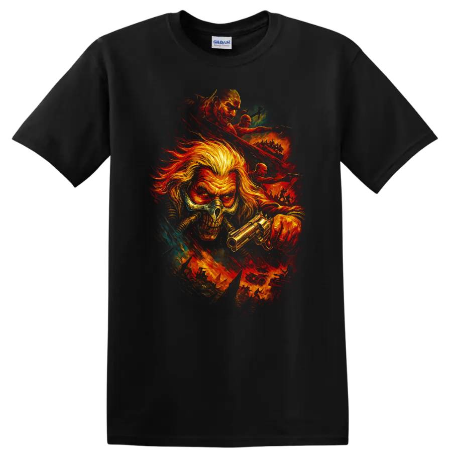 Mad Max inspired skull warrior with gun and fiery post-apocalyptic action graphic T Shirt on a Black T Shirt