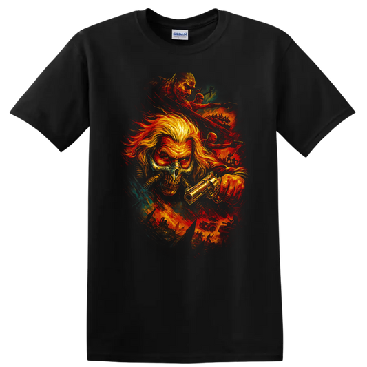 Mad Max inspired skull warrior with gun and fiery post-apocalyptic action graphic T Shirt on a Black T Shirt