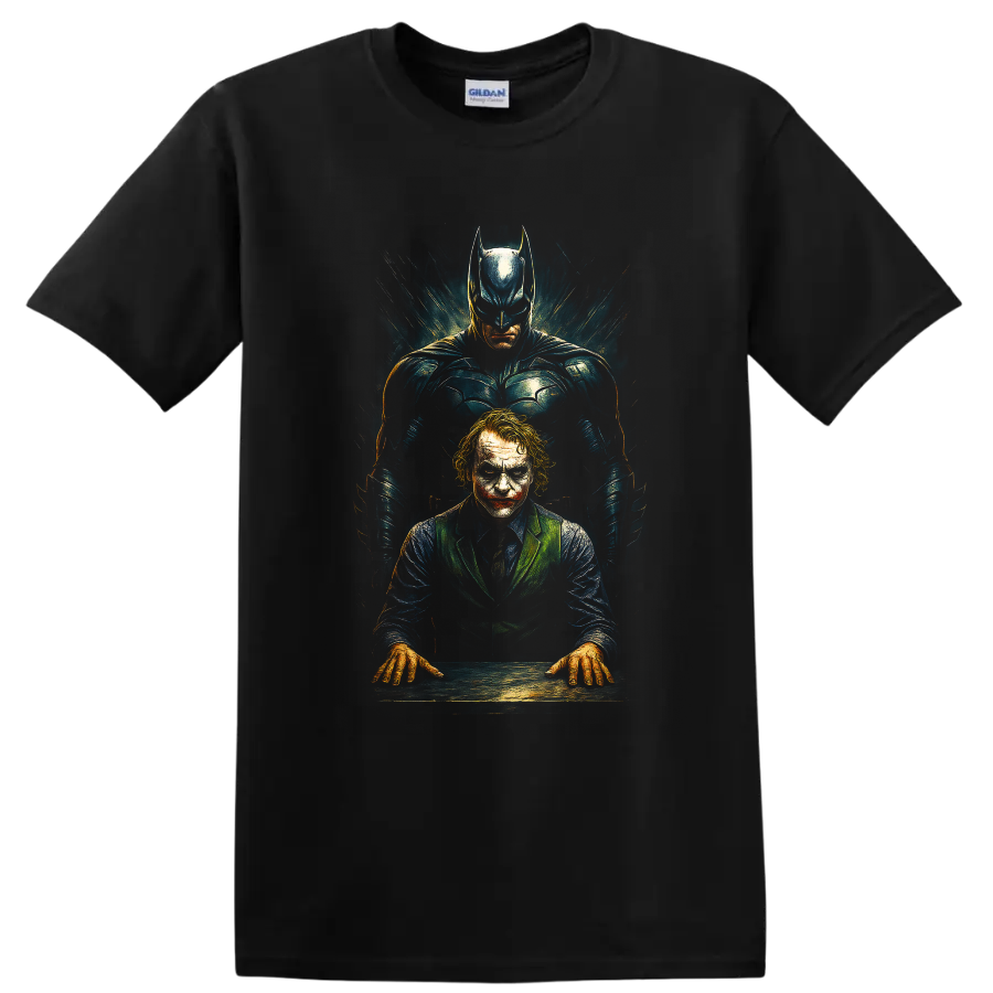 Batman standing behind the Joker in dramatic The Dark Knight graphic T Shirt design on a Black T Shirt