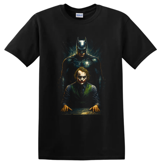 Batman standing behind the Joker in dramatic The Dark Knight graphic T Shirt design on a Black T Shirt