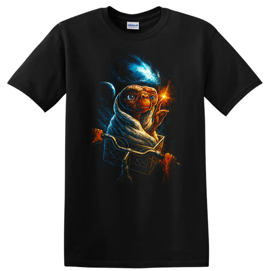 E.T. riding in a bike basket with glowing fingertip cosmic space artwork on T shirt on a Black T Shirt