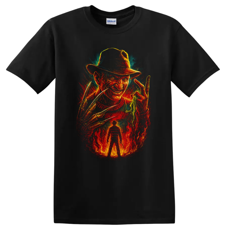 Freddy Krueger horror artwork with fedora, razor glove, and flames T shirt on a Black T Shirt